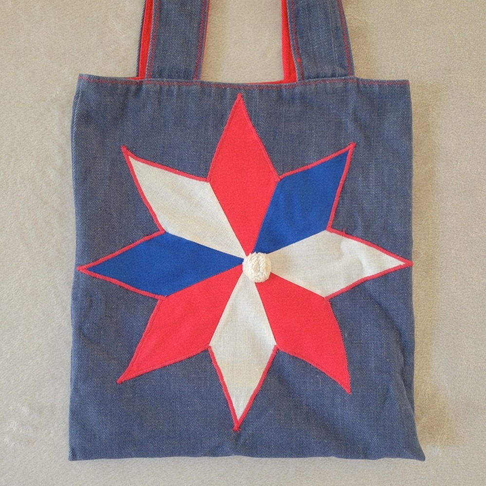 1970s Handmade Denim Tote Bag Red White Blue Starburst Bicentennial Groovy‎